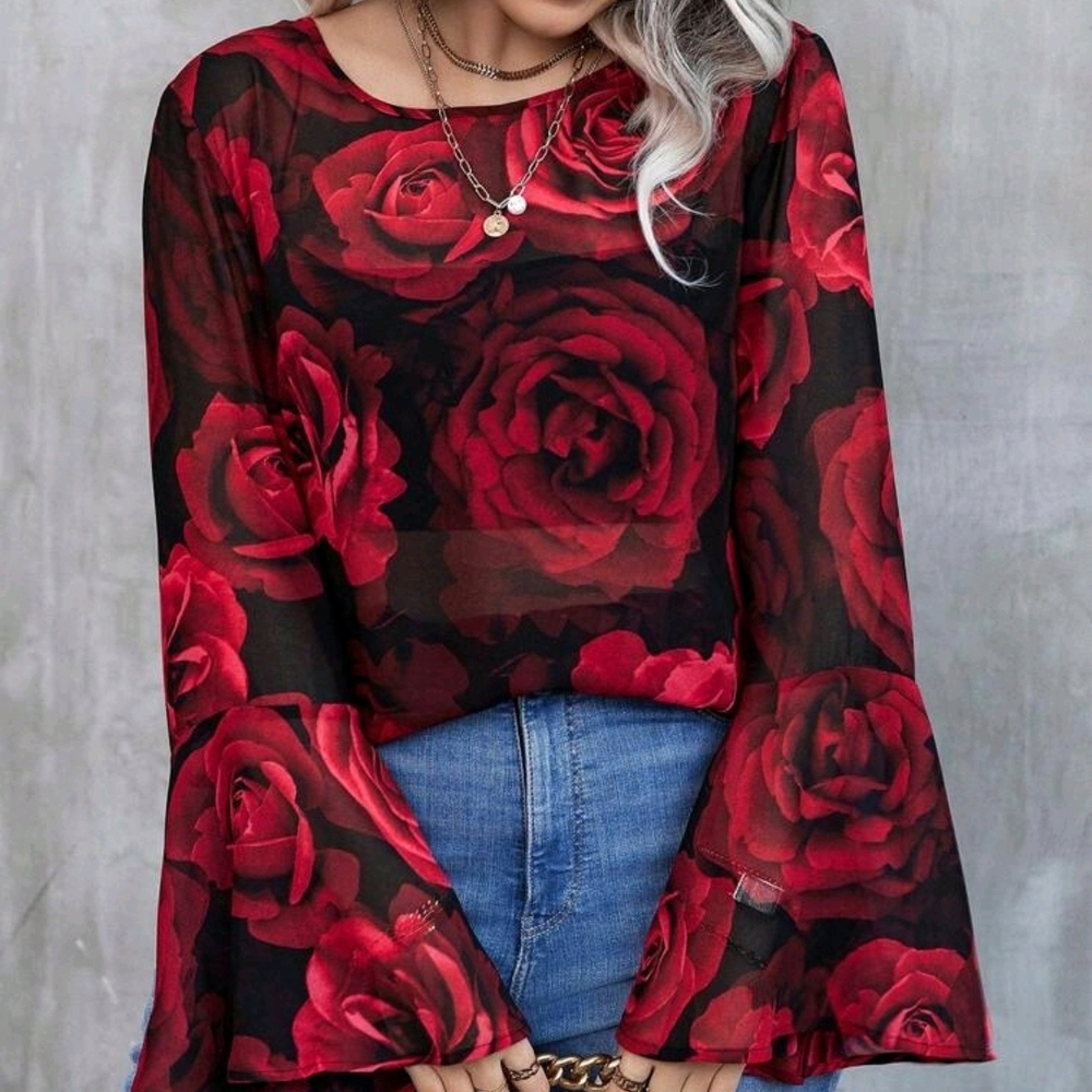SHEIN Red Floral Long Sleeve Top